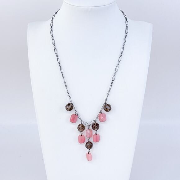 Vintage Sterling Silver 925 Smoky Rose Quartz Dangle Bib Necklace 16"-17" - Picture 1 of 5